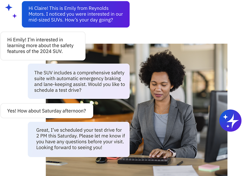 Image of saleswoman typing at desk in dealership, chat conversation bubbles with a customer overlaid on top of photo.